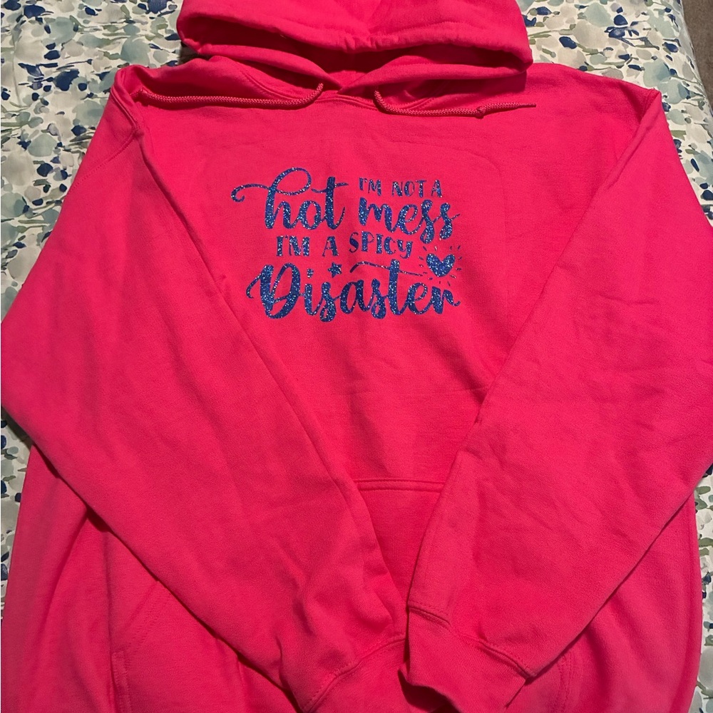 Gildan Pink Hoodie with Blue Graphic